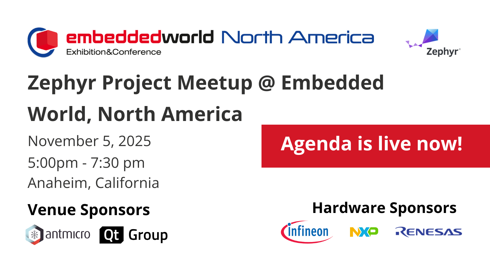 Zephyr Project Meetup @ Embedded World, North America - Agenda live - Nov 5,2025