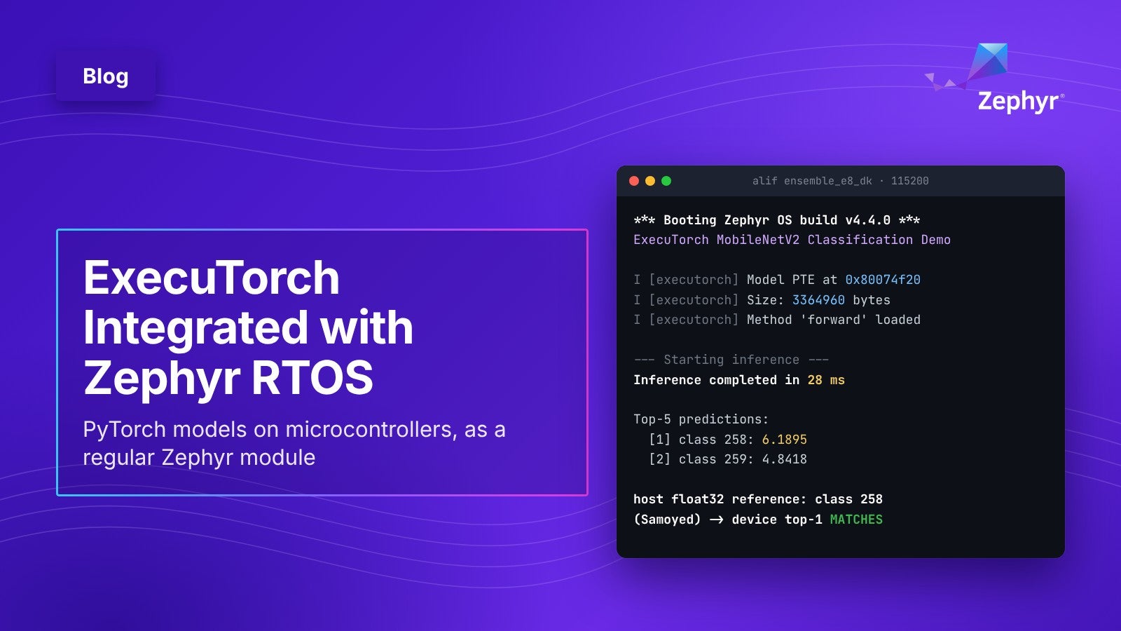 ExecuTorch Integrated with Zephyr RTOS: blog card with Zephyr console output showing MobileNetV2 inference in 28 ms